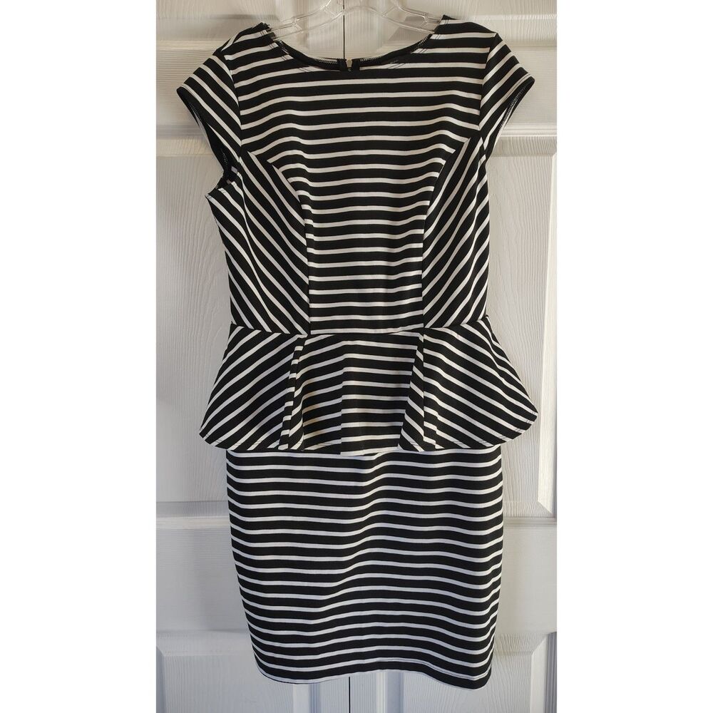 Wassio Black & White Striped Peplum Sheath Dress Large